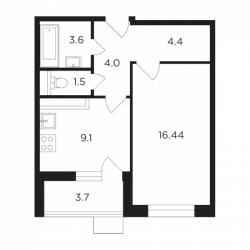 Однокомнатная квартира 40.79 м²