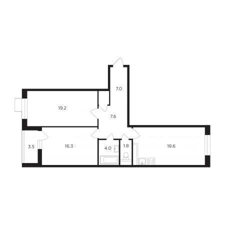 Двухкомнатная квартира 77.22 м²